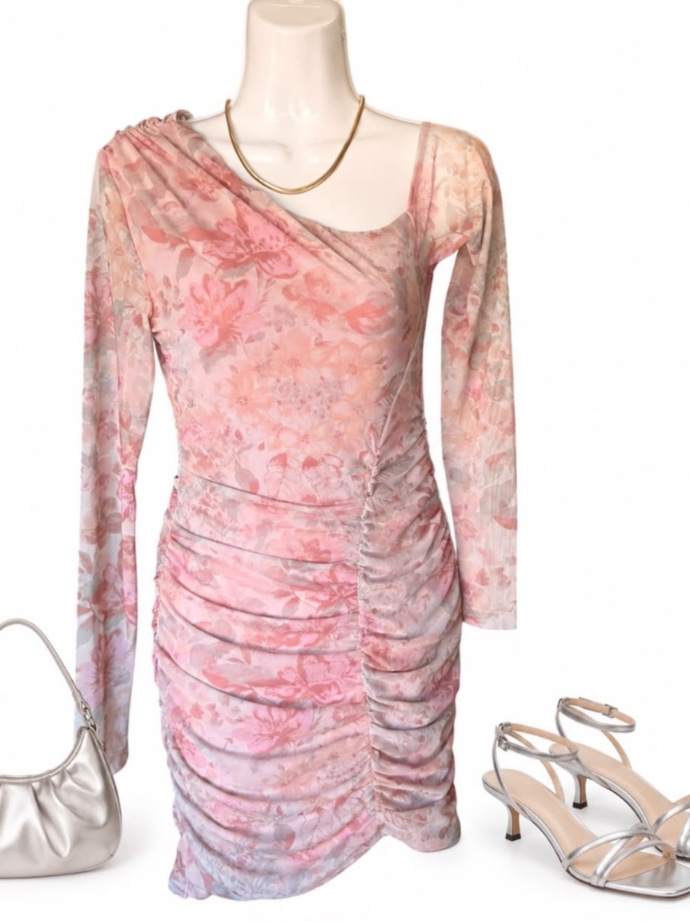 Free People Chloe Floral Ruched One Shoulder Mini Dress XS